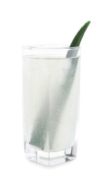 Photo of Fresh aloe juice in glass isolated on white