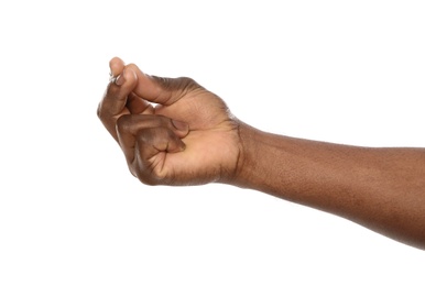 African-American man holding something in hand on white background, closeup