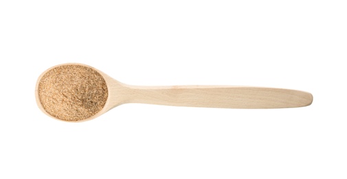 Photo of Spoon of buckwheat flour isolated on white, top view