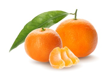 Image of Tasty ripe tangerines and green leaf on white background