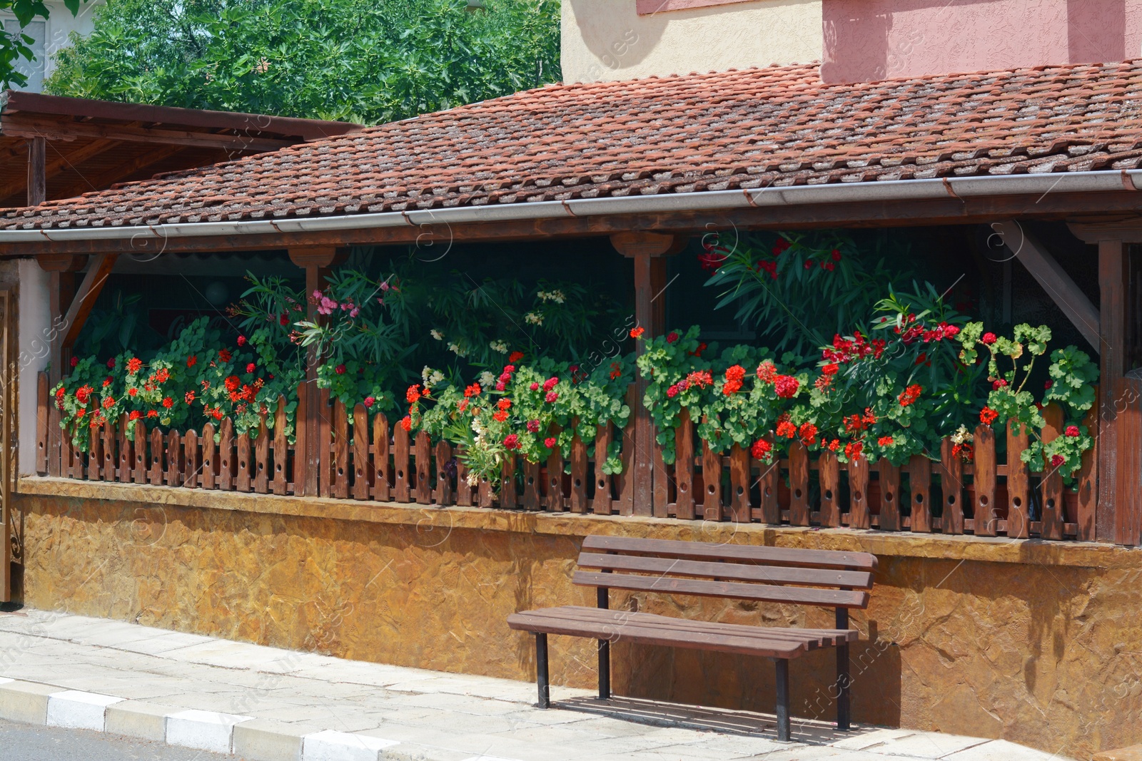 Photo of Wooden bench near terrace decorated with flowers on sunny day