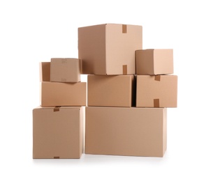 Photo of Cardboard boxes on white background. Moving day