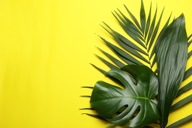 Photo of Flat lay composition with tropical leaves and space for text on color background