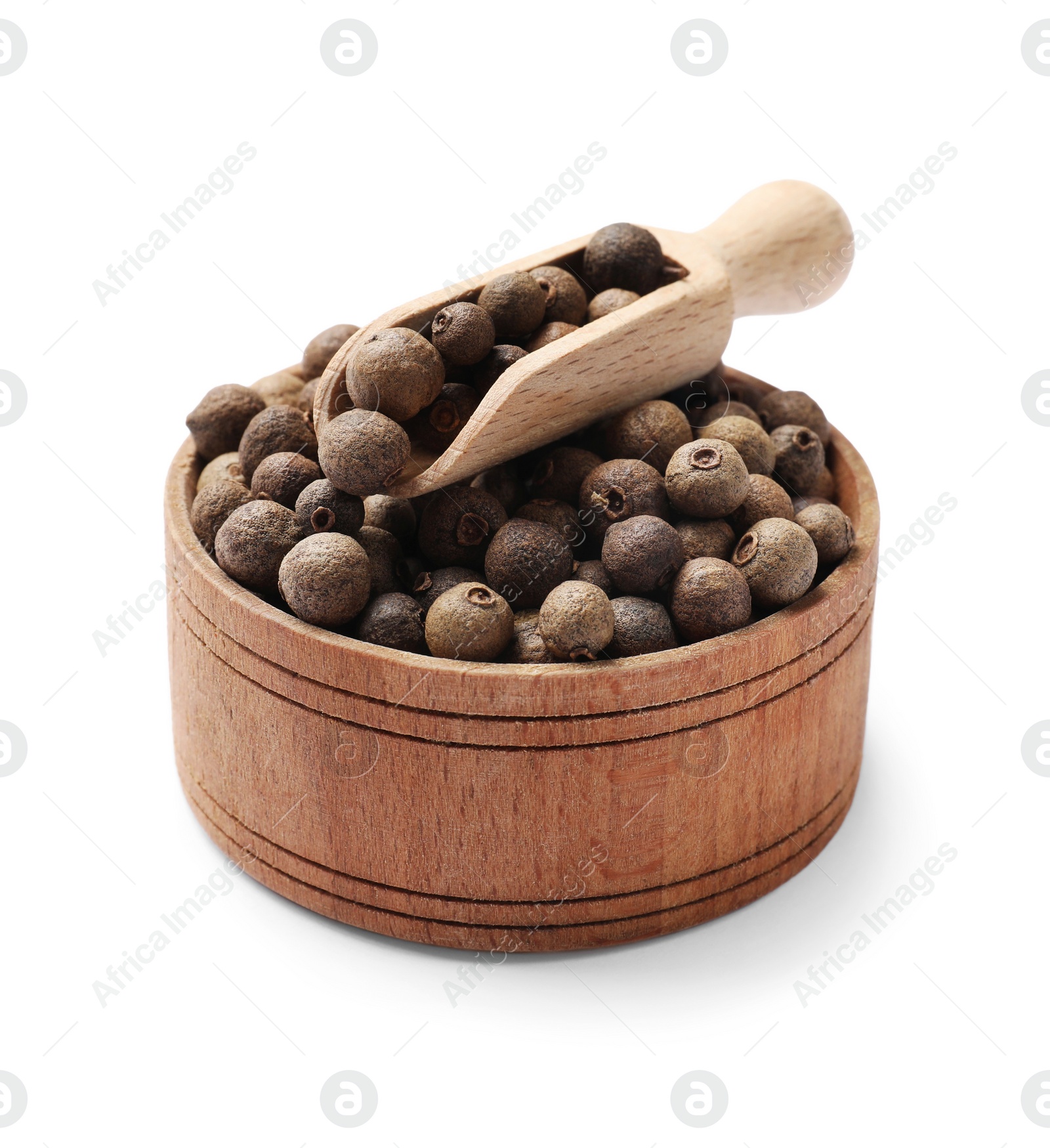 Photo of Dry allspice berries (Jamaica pepper) in bowl and scoop isolated on white