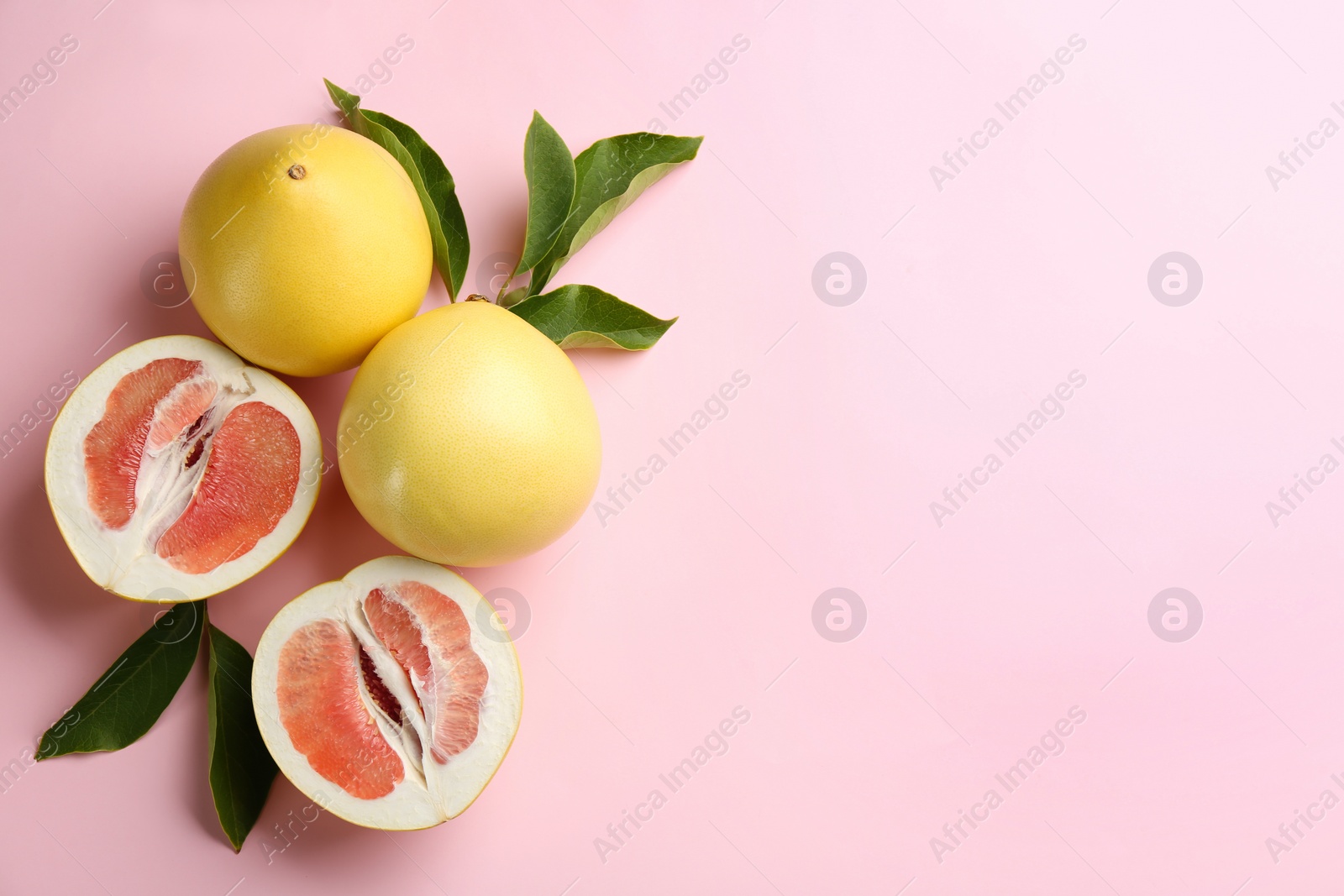 Photo of Fresh cut and whole pomelo fruits with leaves on pink background, flat lay. Space for text