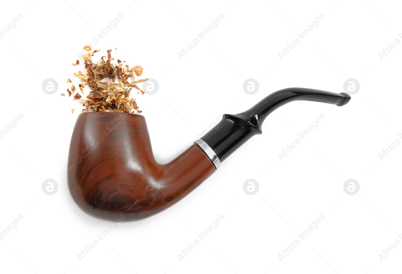 Photo of Classic smoking pipe with tobacco on white background, top view