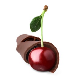 Image of Fresh cherry and chocolate curl isolated on white