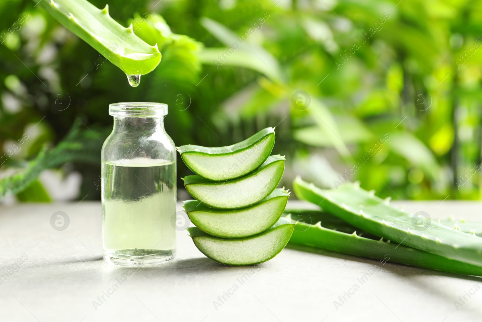 Photo of Aloe vera juice dripping from leaf into bottle on table against blurred background