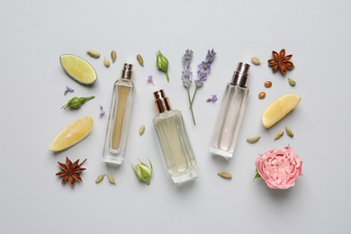 Flat lay composition with bottles of perfume, citrus fruits and flowers on light grey background