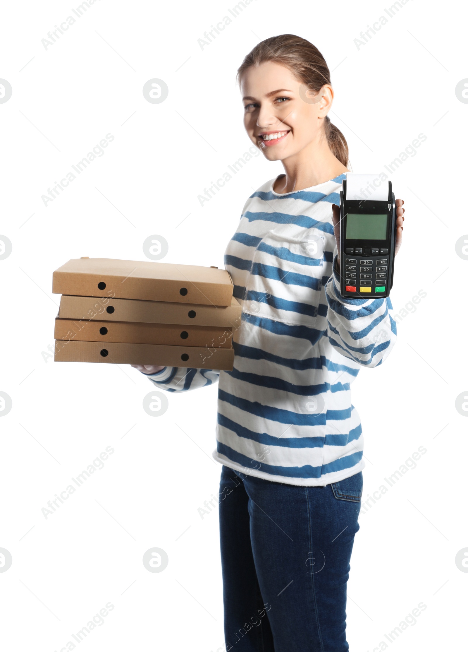 Photo of Smiling courier with pizza boxes and payment terminal isolated on white