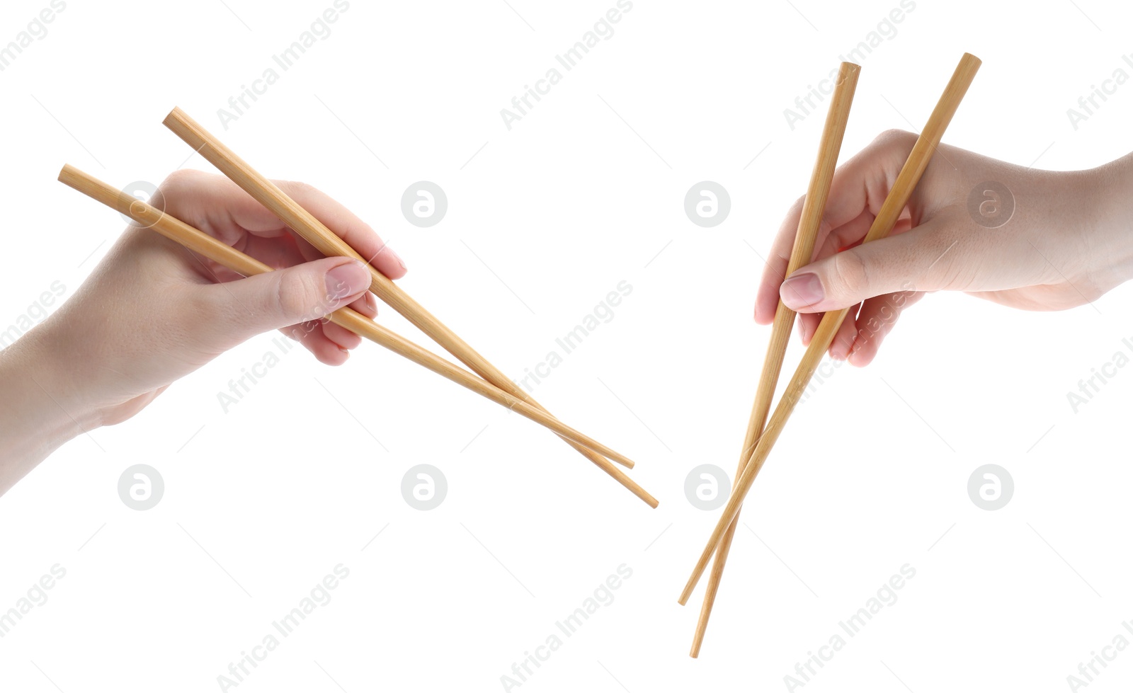 Image of Woman holding chopsticks isolated on white, closeup. Collage with photos