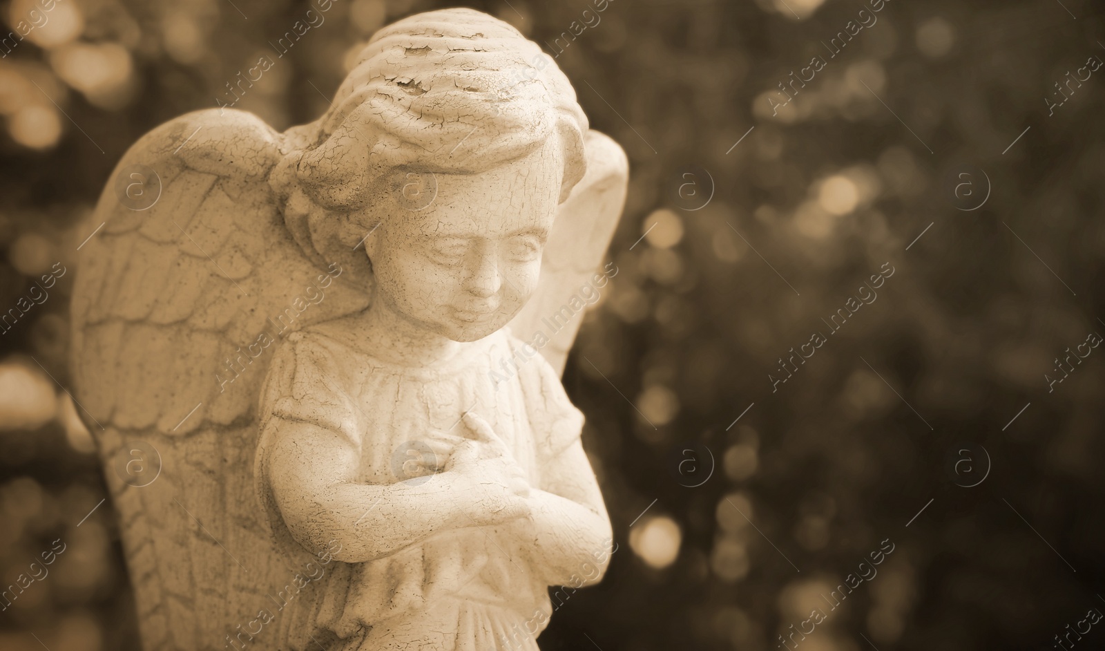 Image of Beautiful statue of angel at cemetery, space for text. Sepia tone