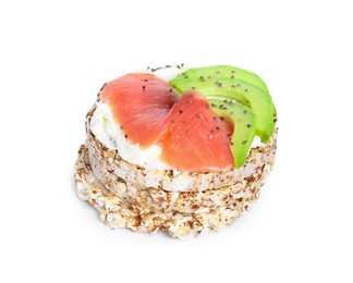 Photo of Crunchy buckwheat cakes with cream cheese, salmon and avocado on white background