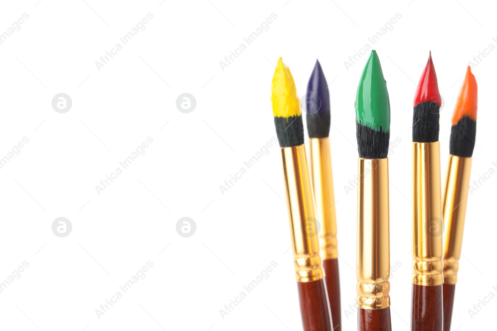 Photo of Brushes with colorful paints on white background