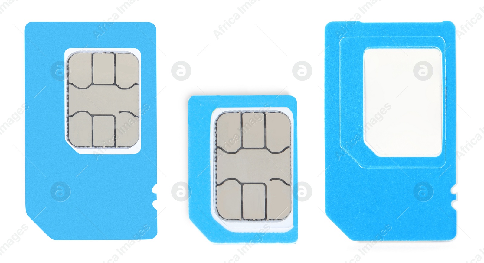 Image of Set with light blue SIM cards on white background. Banner design