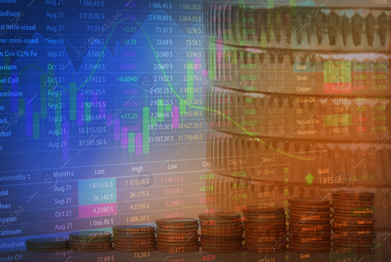 Image of Double exposure of electronic trading platform and stacked coins. Stock exchange