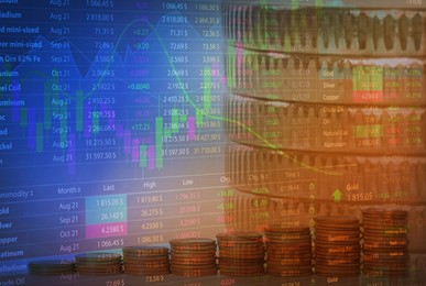 Double exposure of electronic trading platform and stacked coins. Stock exchange
