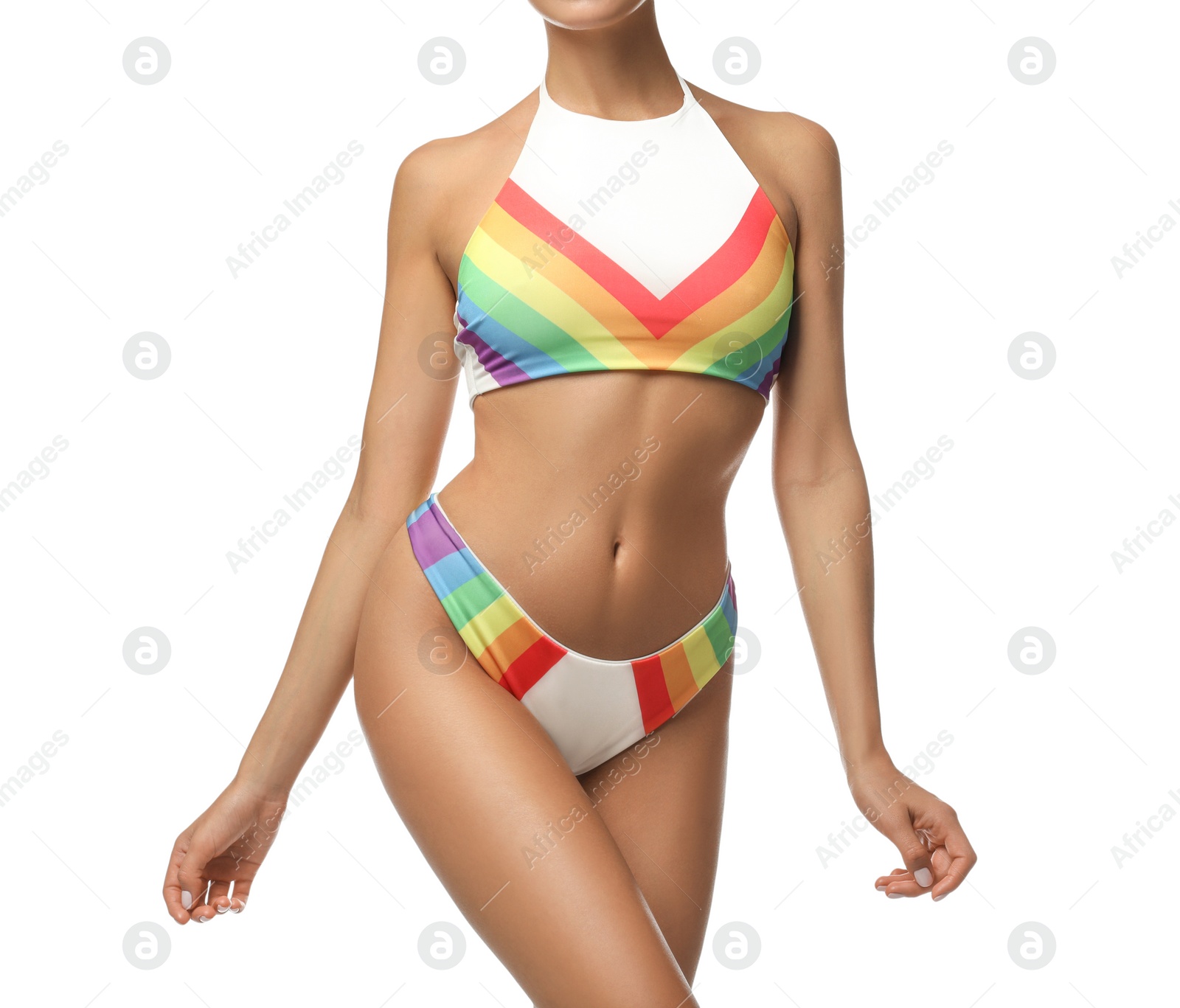 Photo of Sexy young woman in stylish swimsuit isolated on white, closeup. Beach body goal