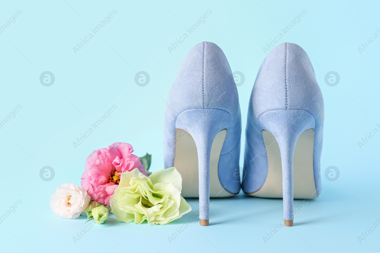 Photo of Stylish women's high heeled shoes and beautiful flowers on light blue background