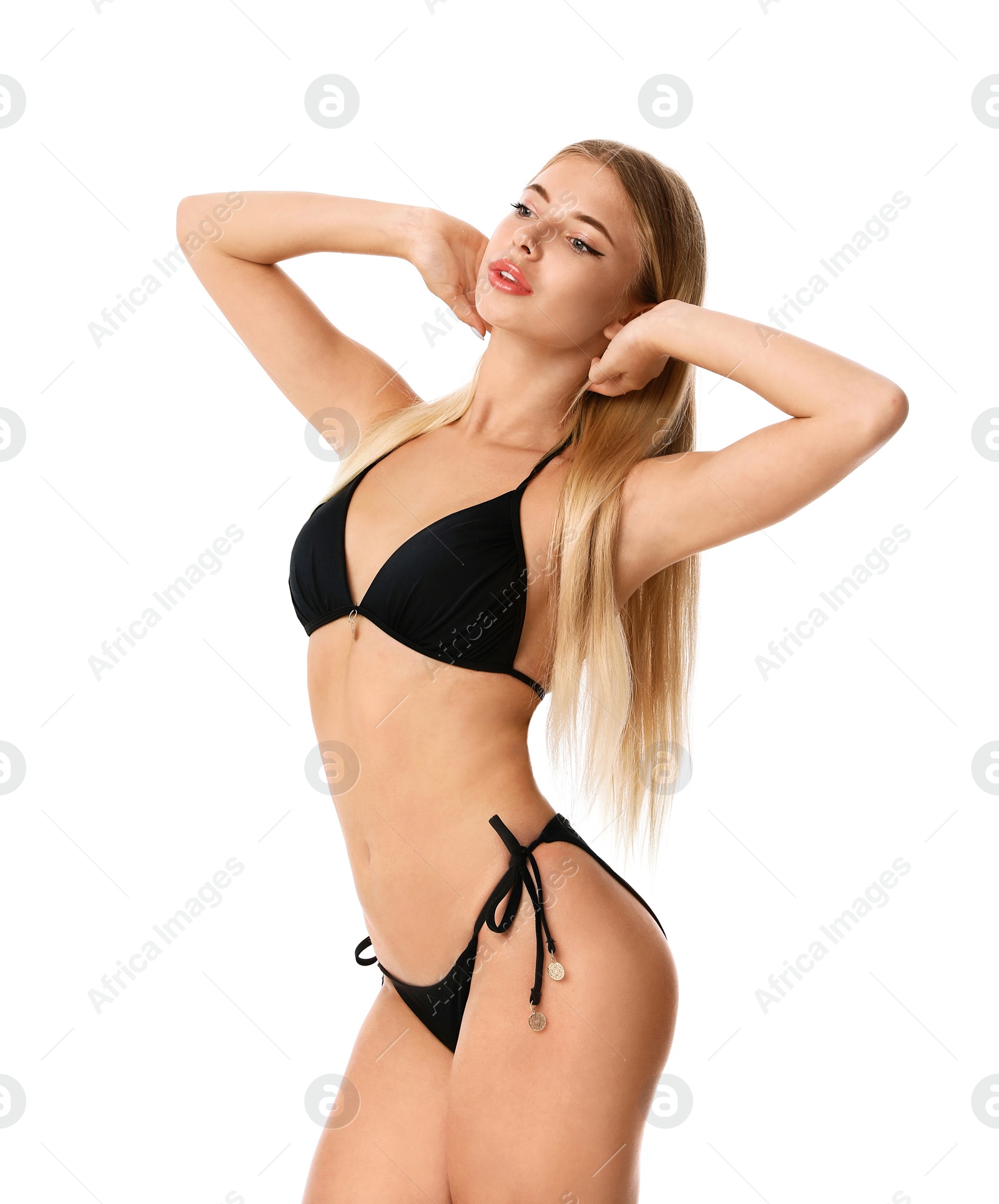 Photo of Pretty young woman wearing stylish bikini on white background