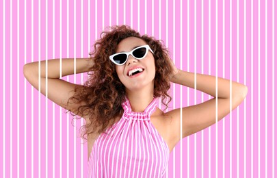 Image of Beautiful African-American woman with sunglasses on striped background. Summer vibes