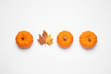 Photo of Composition with pumpkins and autumn leaf on white background, top view