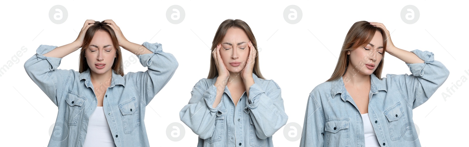 Image of Collage with photos of young woman suffering from headache on white background. Banner design