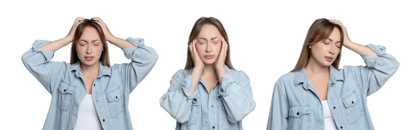 Collage with photos of young woman suffering from headache on white background. Banner design