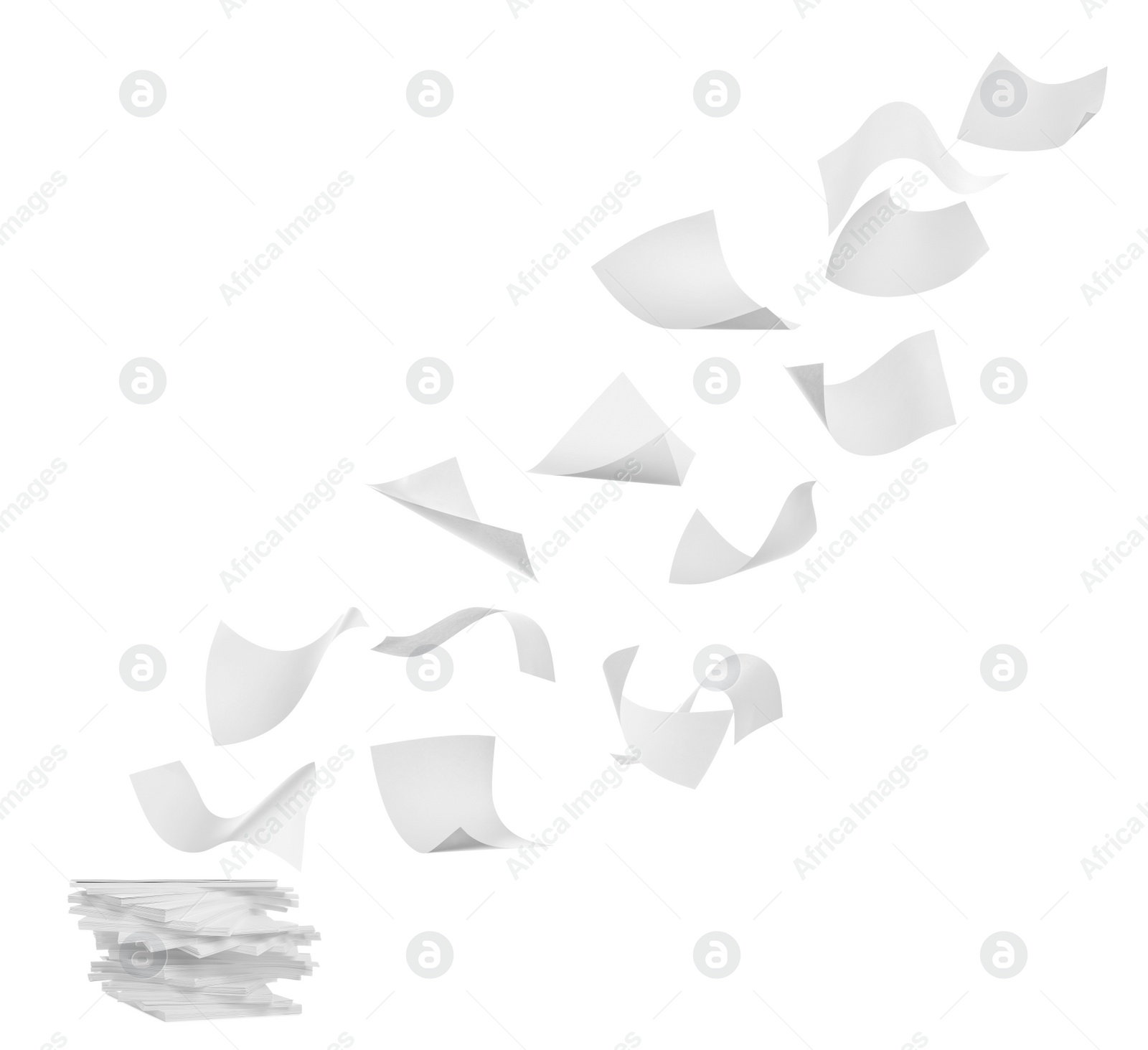 Image of Blank sheets of paper flying on white background