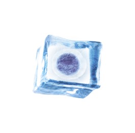 Image of Cryopreservation of genetic material. Ovum in ice cube on white background