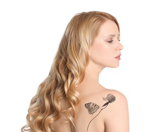 Image of Young woman with beautiful tattoo of flower and butterfly on white background, back view