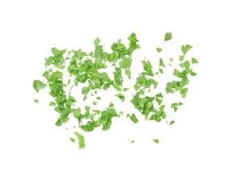 Photo of Chopped parsley leaves isolated on white, top view