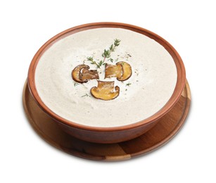 Photo of Fresh homemade mushroom soup in ceramic bowl isolated on white