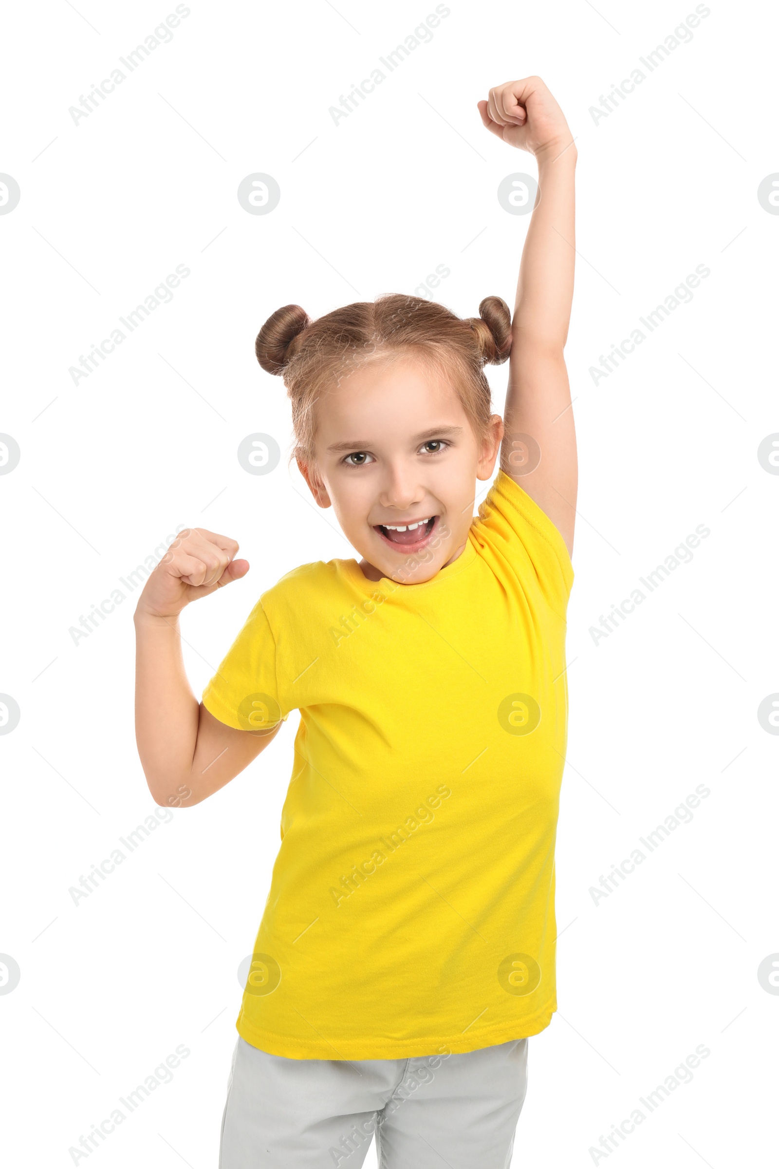 Photo of Cute little girl posing on white background