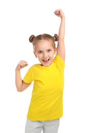 Photo of Cute little girl posing on white background