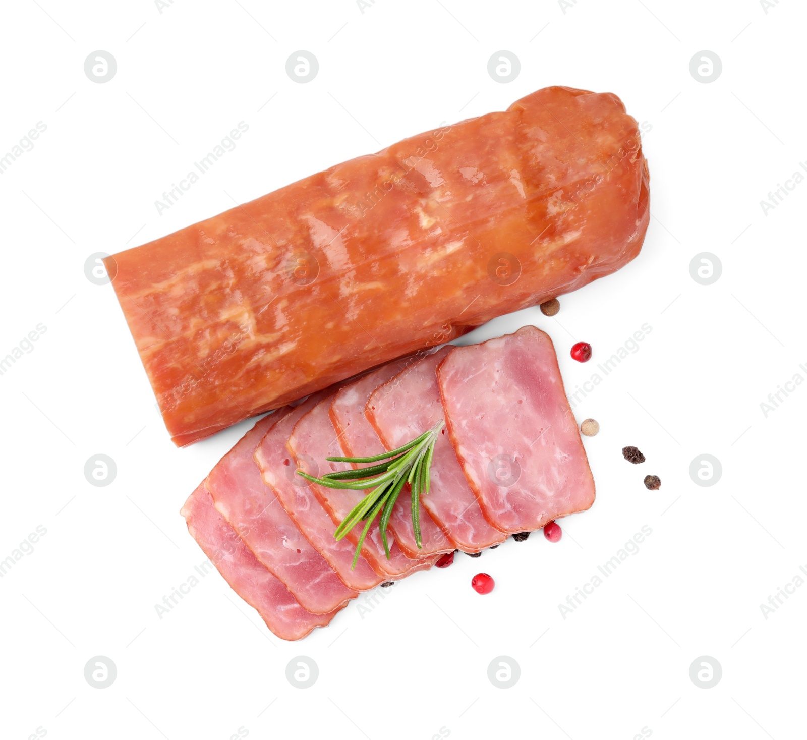 Photo of Delicious smoked sausage with rosemary and pepper isolated on white, top view