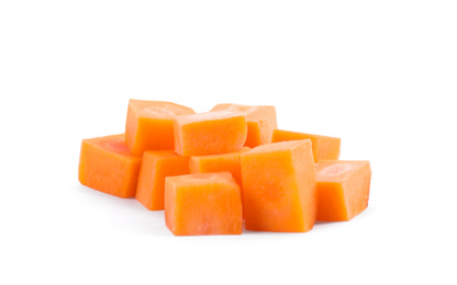 Photo of Pieces of fresh ripe carrot isolated on white