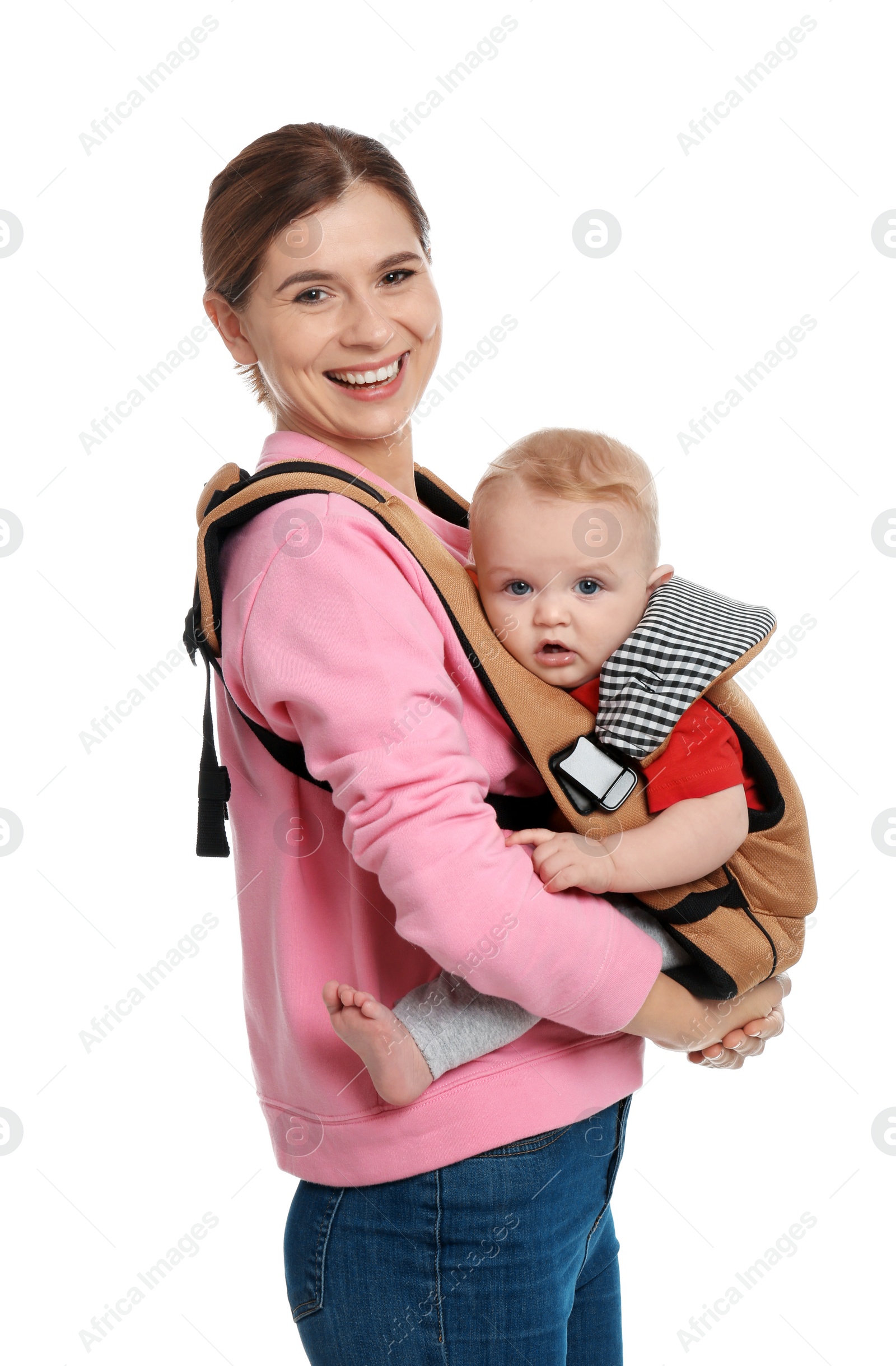 Photo of Woman with her son in baby carrier on white background