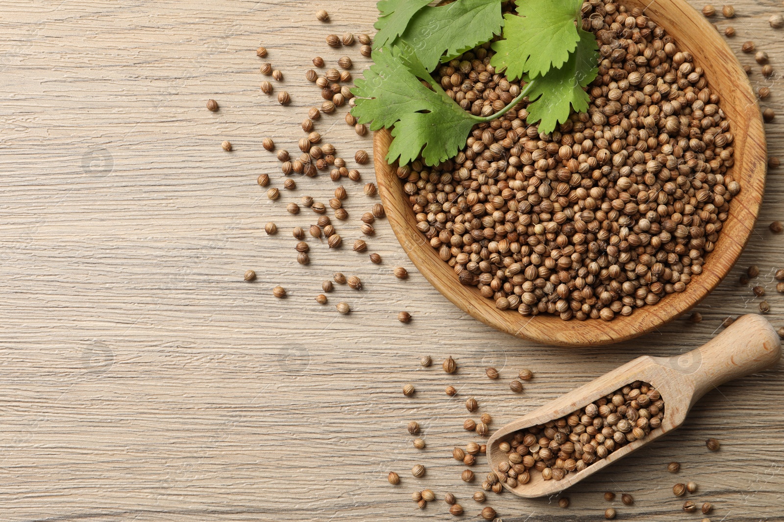 Photo of Dried coriander seeds with green leaves in bowl and scoop on wooden table, top view. Space for text