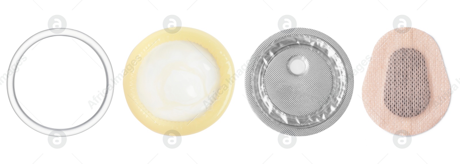 Image of Contraceptive patch, vaginal ring, condom and emergency pill isolated on white. Different birth control methods