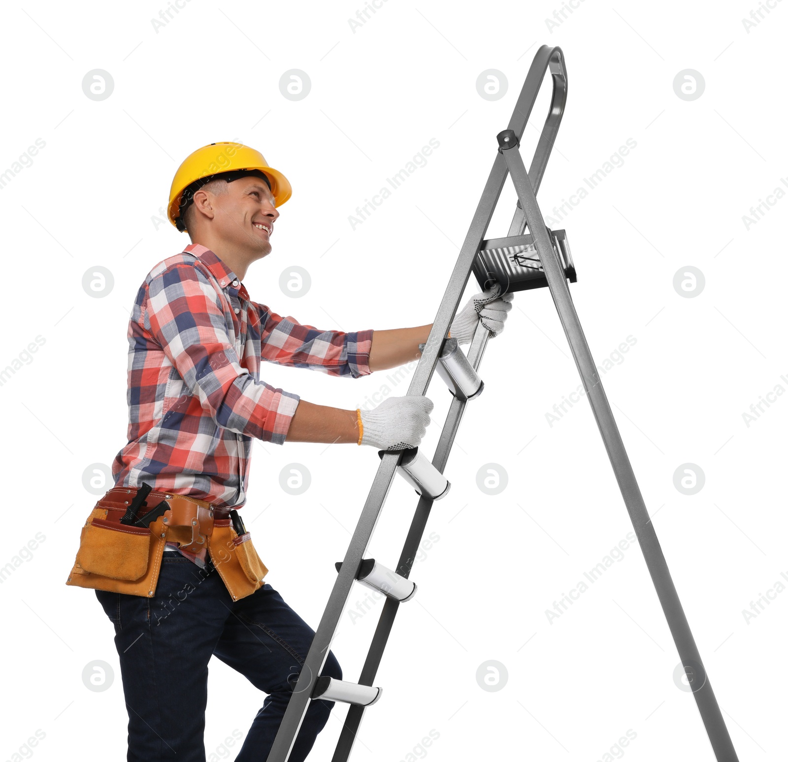 Photo of Professional constructor climbing ladder on white background