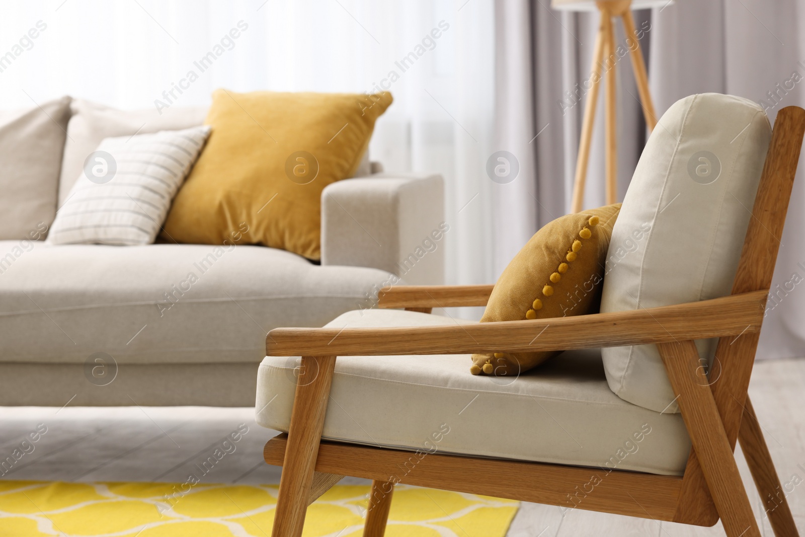 Photo of Spring atmosphere. Comfy sofa and armchair in room