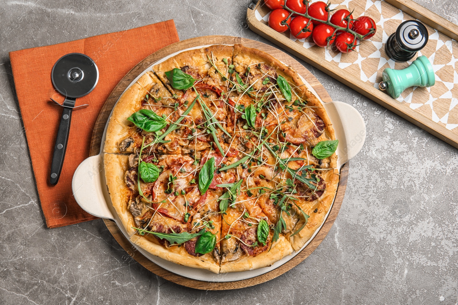 Photo of Flat lay composition with tasty homemade pizza on table