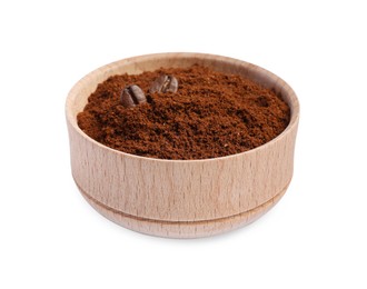 Bowl of ground coffee and beans on white background