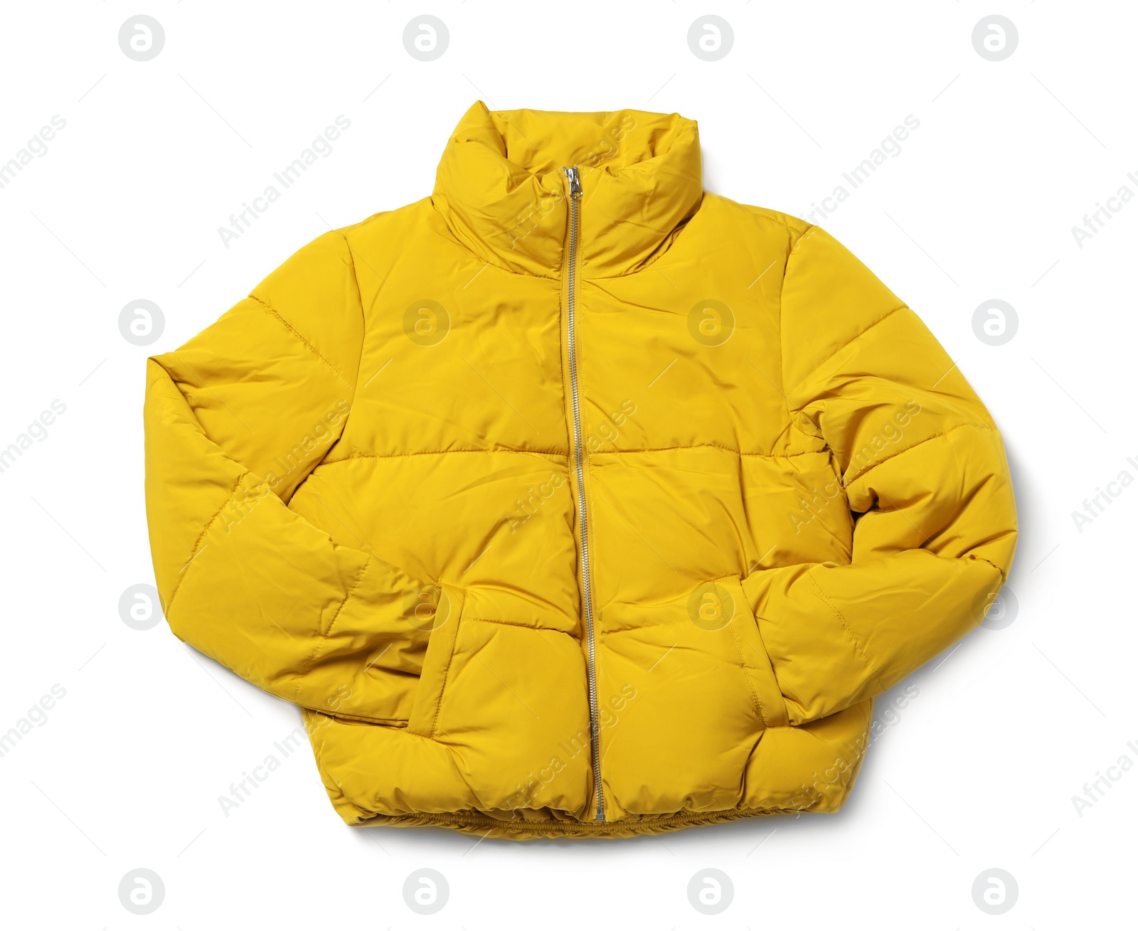 Photo of Yellow warm women's jacket isolated on white, top view