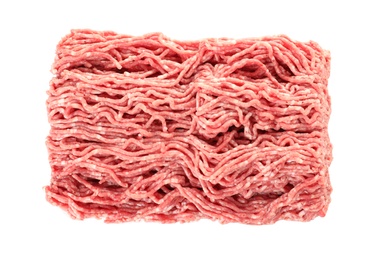 Photo of Fresh minced meat on white background, top view