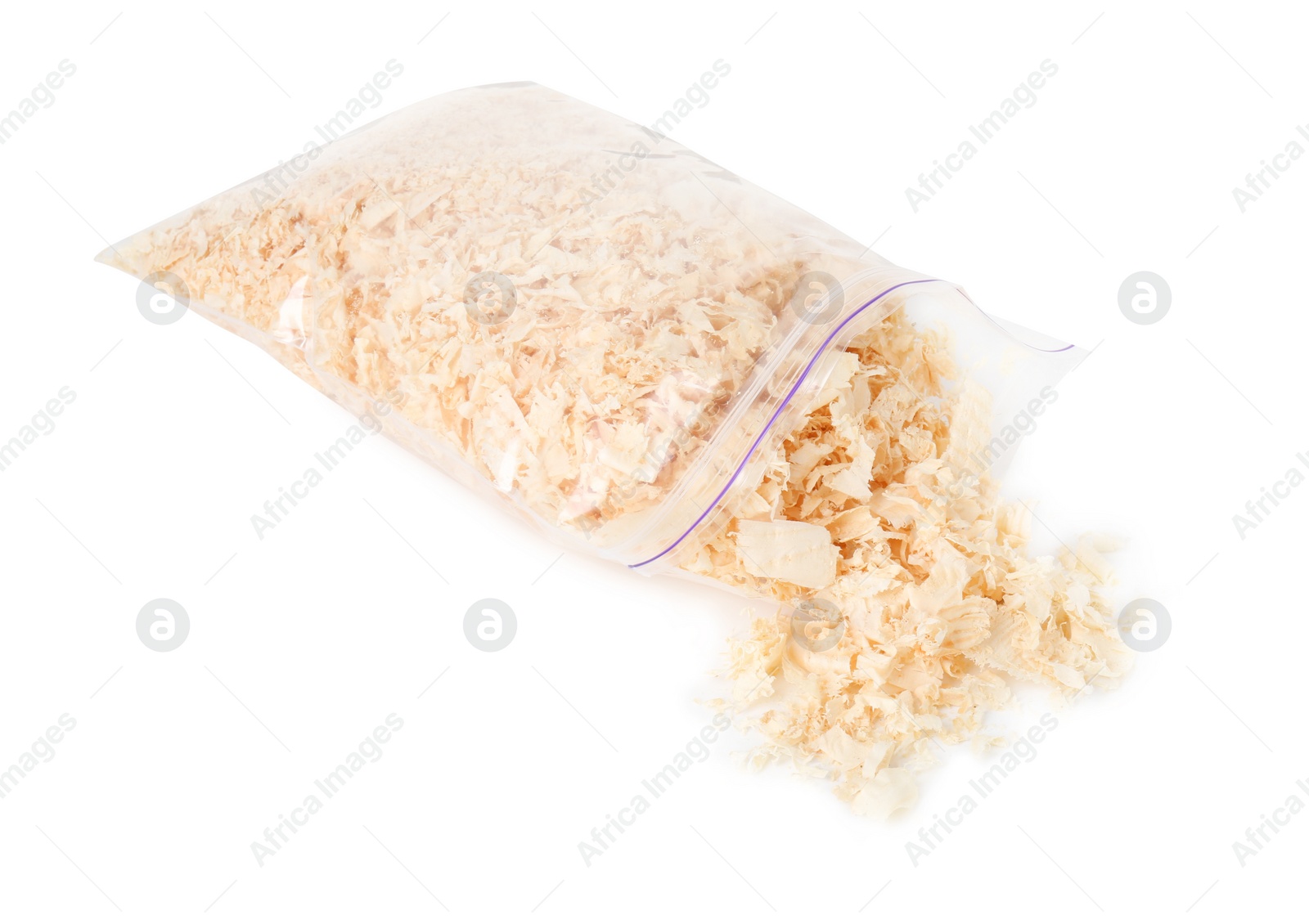 Photo of Natural sawdust with zip bag isolated on white