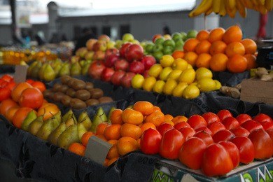 Photo of Tasty fresh fruits on counter at wholesale market