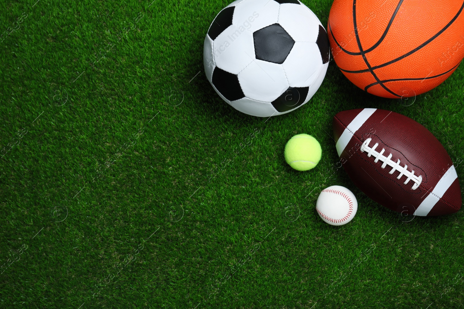 Photo of Set of different sport balls on green grass, flat lay. Space for text