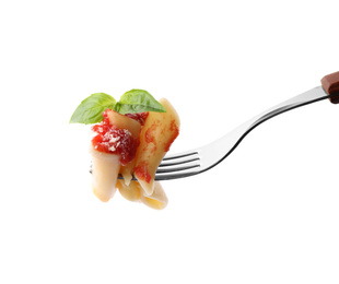 Photo of Delicious maltagliati pasta with tomato sauce on fork against white background